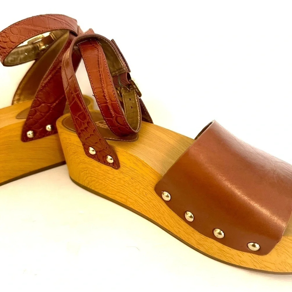 Sam Edelman Wood Platform Clog Sandel Brown Leather Size 8